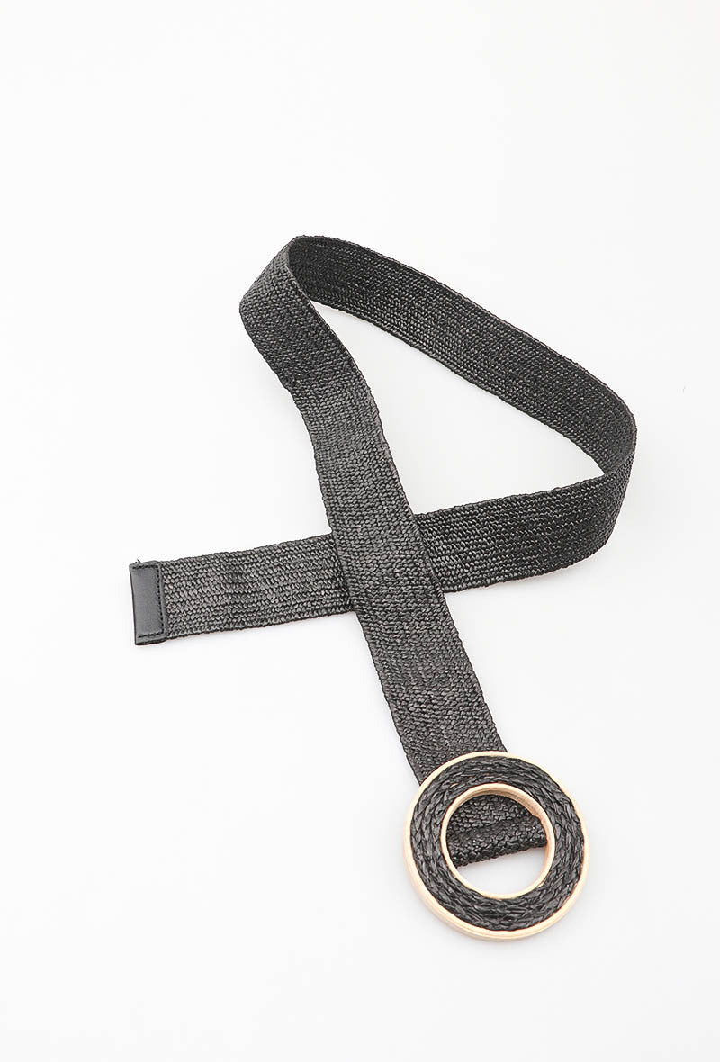 MAWRRB Woven Raffia Round Buckle Belt - Black