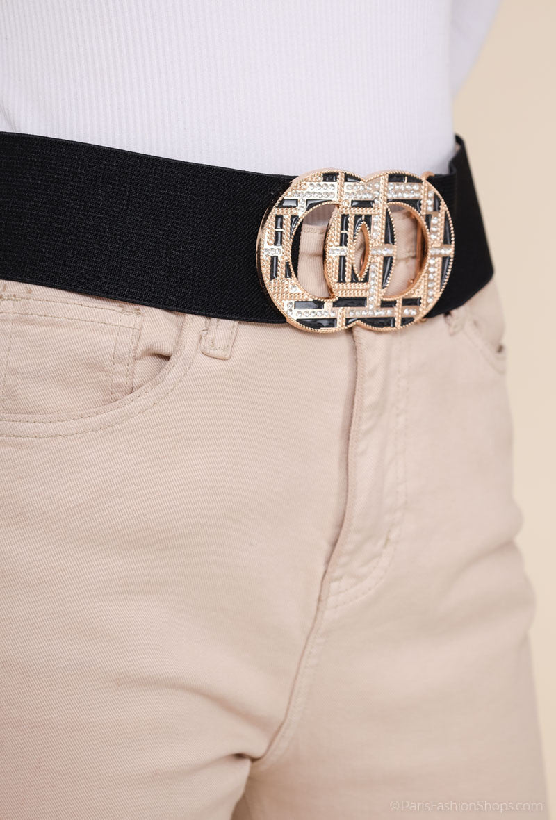 MARGDR Rhinestone Grid Double-Ring Elastic Belt - Black