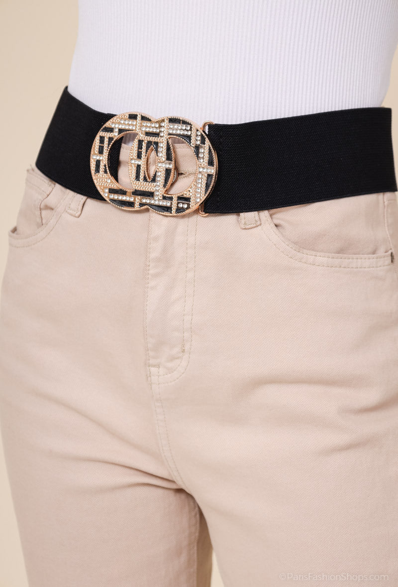 MARGDR Rhinestone Grid Double-Ring Elastic Belt - Black