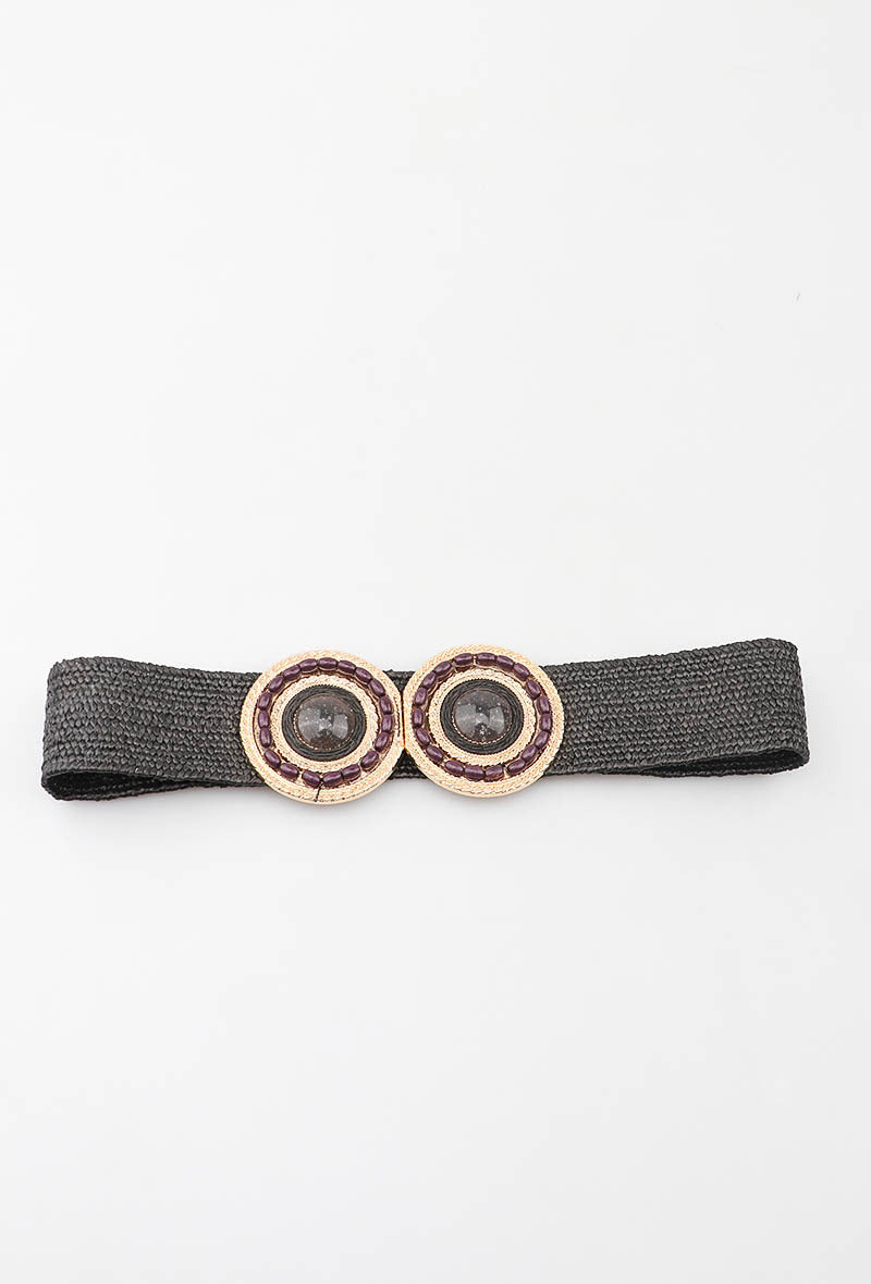 MARSDRC Raffia Stone Double Round Clasp Belt - Black