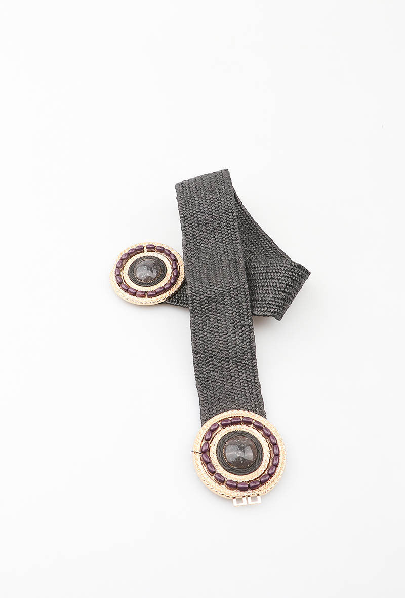 MARSDRC Raffia Stone Double Round Clasp Belt - Black