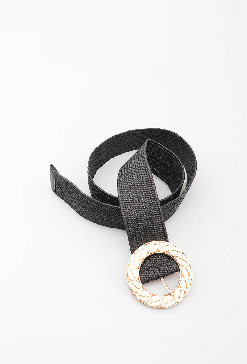 MAHSRB Herringbone Shell Round Buckle Belt - Black