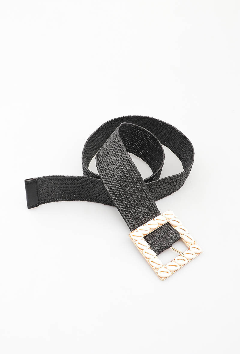 MAHSSB Herringbone Shell Square Buckle Belt - Black