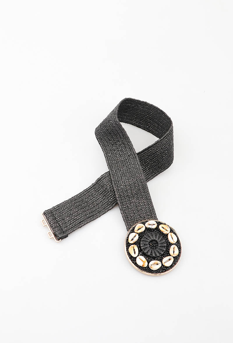 MAHSM Herringbone Shell Medallion Elastic Belt - Black