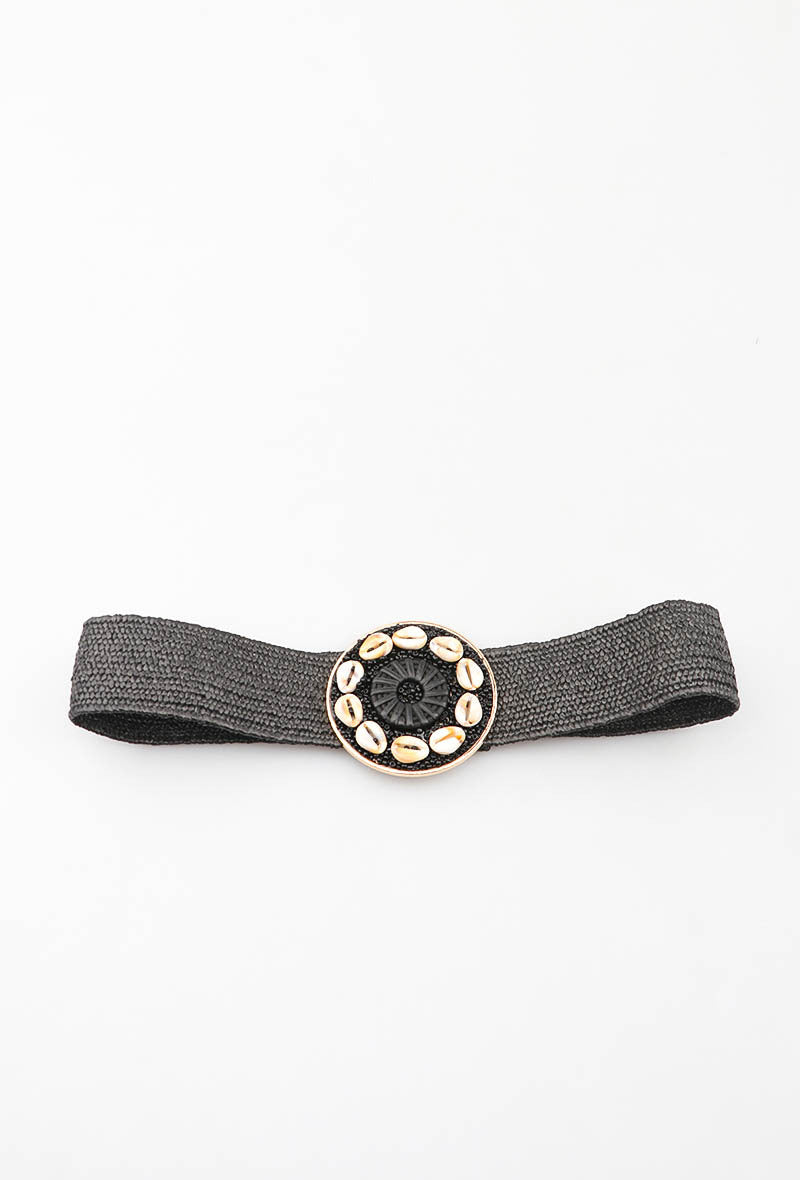 MAHSM Herringbone Shell Medallion Elastic Belt - Black