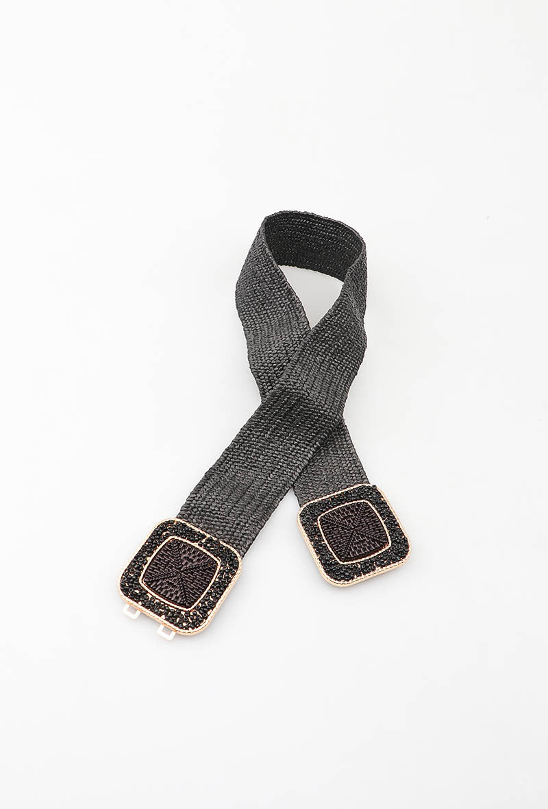 MAHBSC Herringbone Beaded Square Clasp Belt - Black