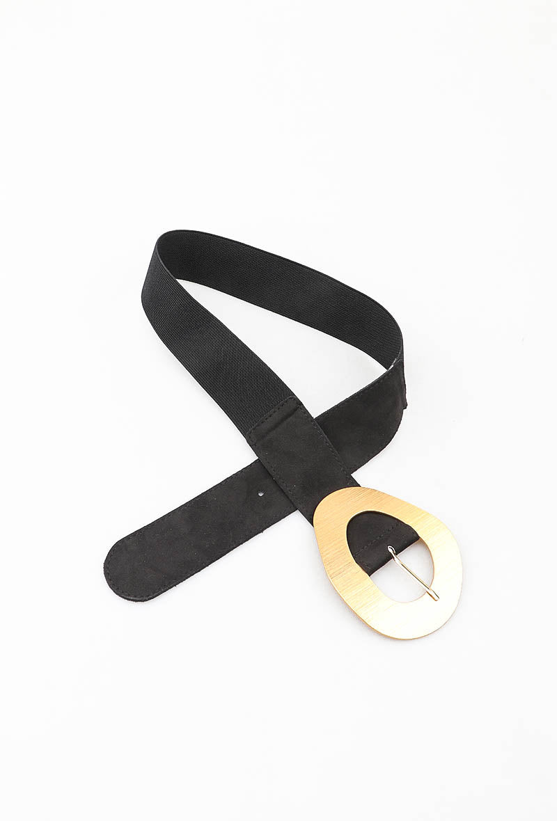 MAWOBS Wooden Oval Buckle Suede Elastic Belt - Gold