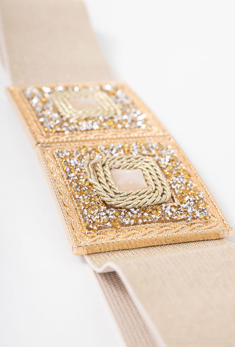 MAGDSC Glitter Double Square Clasp Elastic Belt - Gold