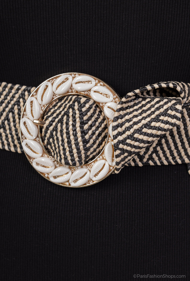 MAHSRB Herringbone Shell Round Buckle Belt - Striped