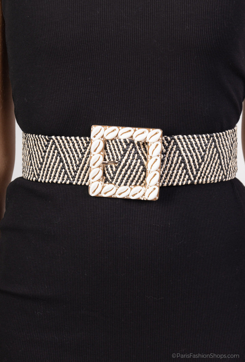 MAHSSB Herringbone Shell Square Buckle Belt - Striped