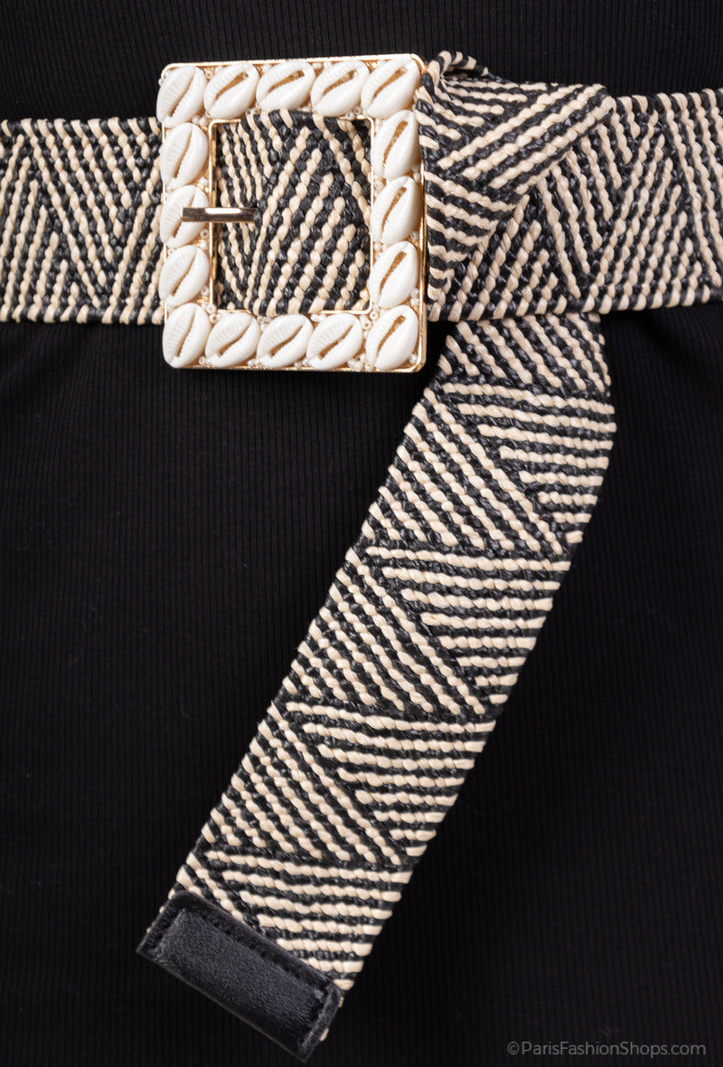 MAHSSB Herringbone Shell Square Buckle Belt - Striped