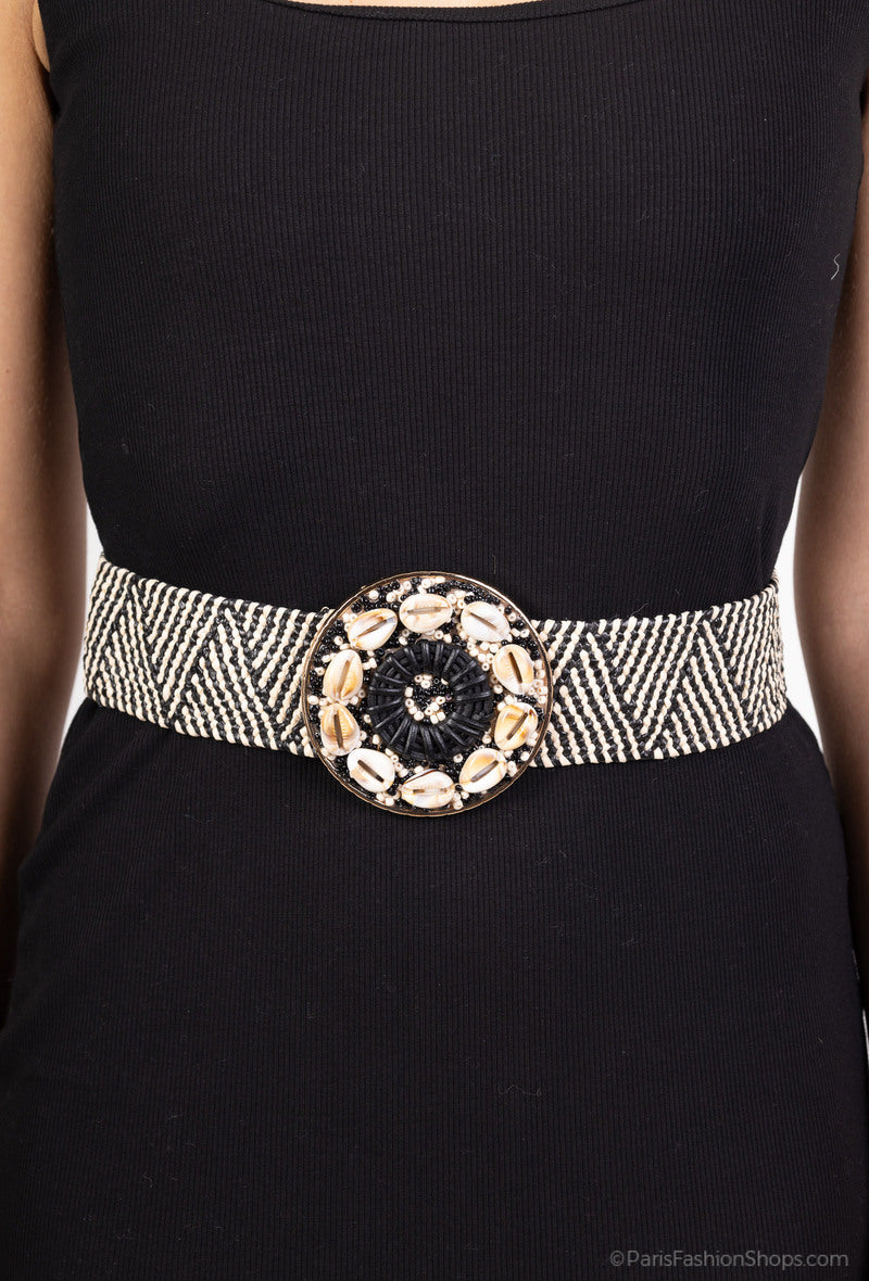 MAHSM Herringbone Shell Medallion Elastic Belt - Striped