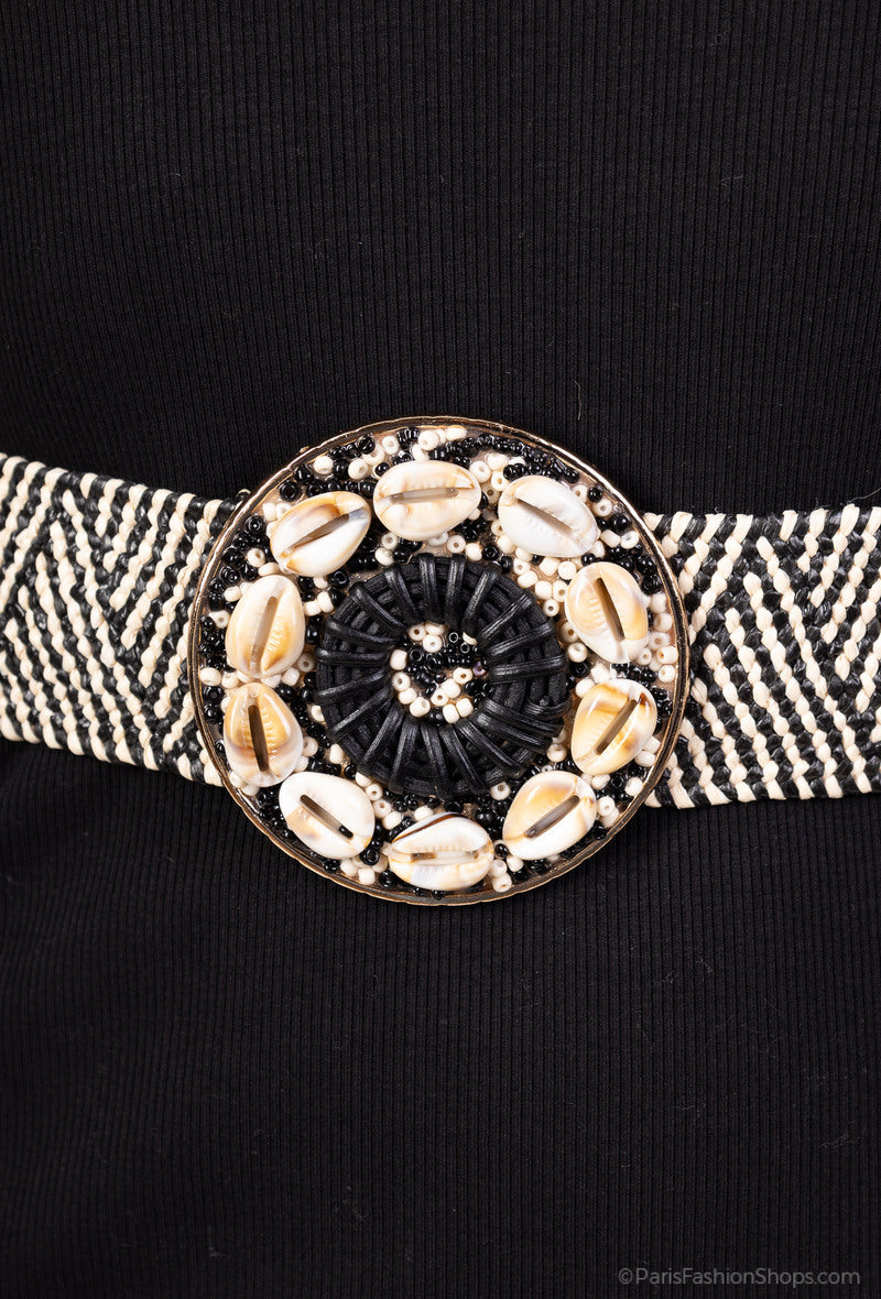 MAHSM Herringbone Shell Medallion Elastic Belt - Striped