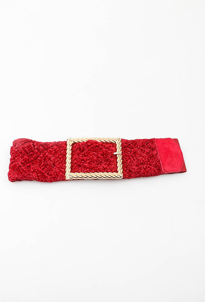 MABCGB Braided Chenille Gold Buckle Elastic Belt - Red
