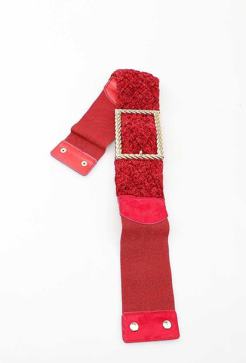 MABCGB Braided Chenille Gold Buckle Elastic Belt - Red