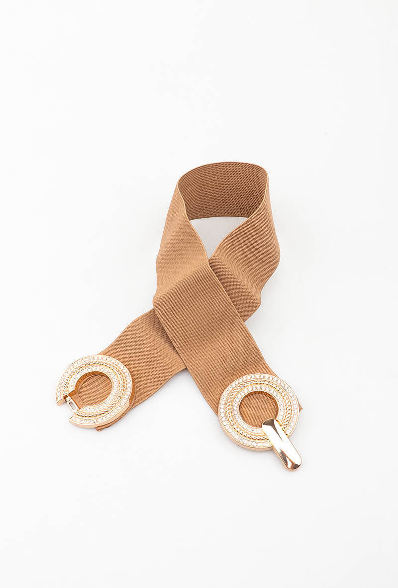 MATGDR Textured Gold Double-Ring Elastic Belt - Taupe