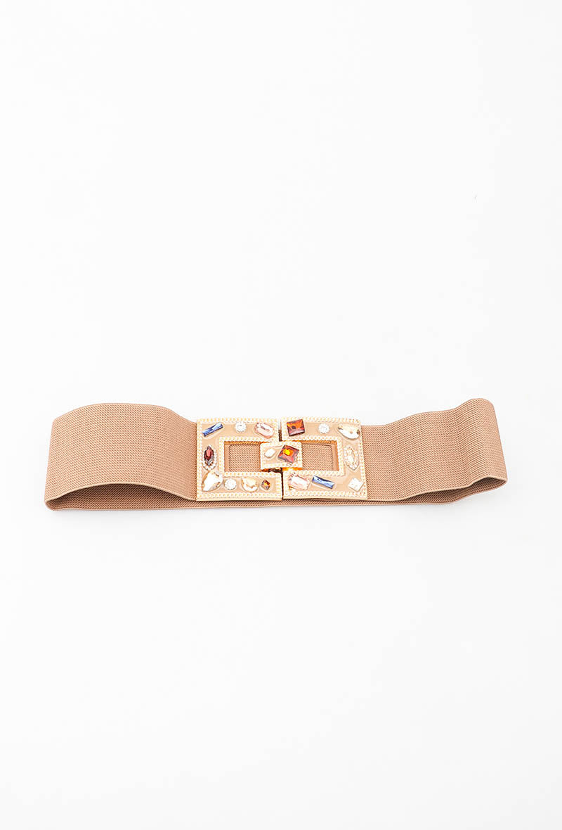 MAJDB Jeweled Double Buckle Elastic Belt - Taupe