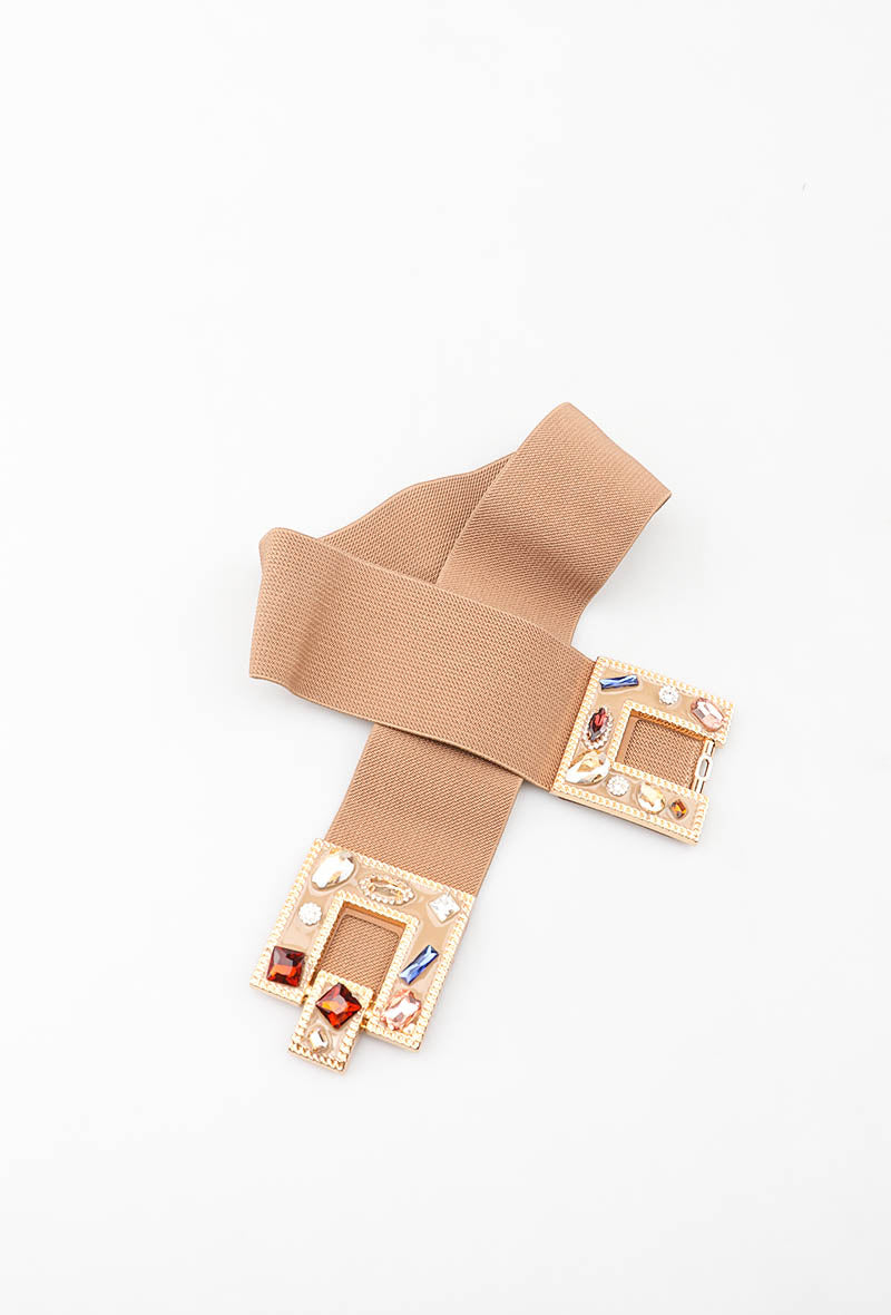 MAJDB Jeweled Double Buckle Elastic Belt - Taupe