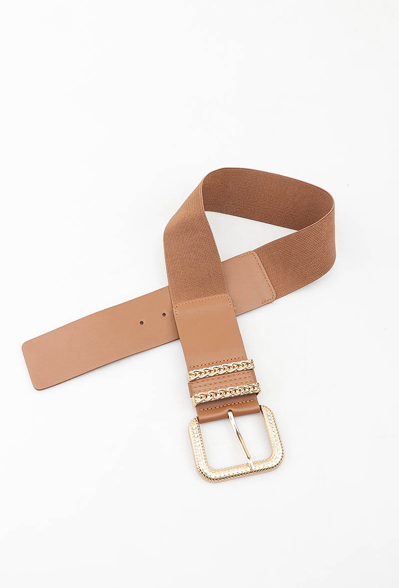 MAGCSB Gold Chain Square Buckle Elastic Belt - Taupe