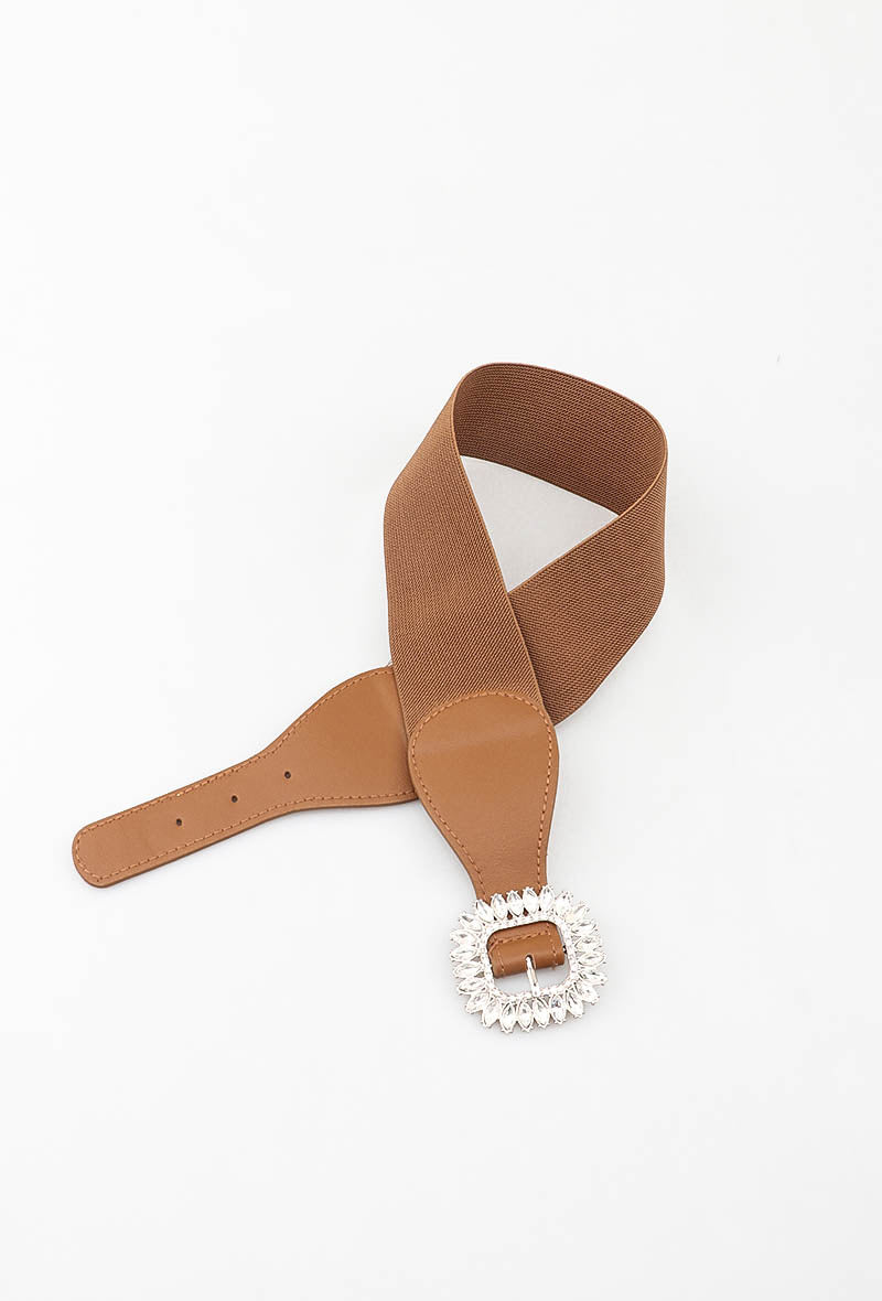 MACSB Crystal Square Buckle Elastic Belt - Taupe