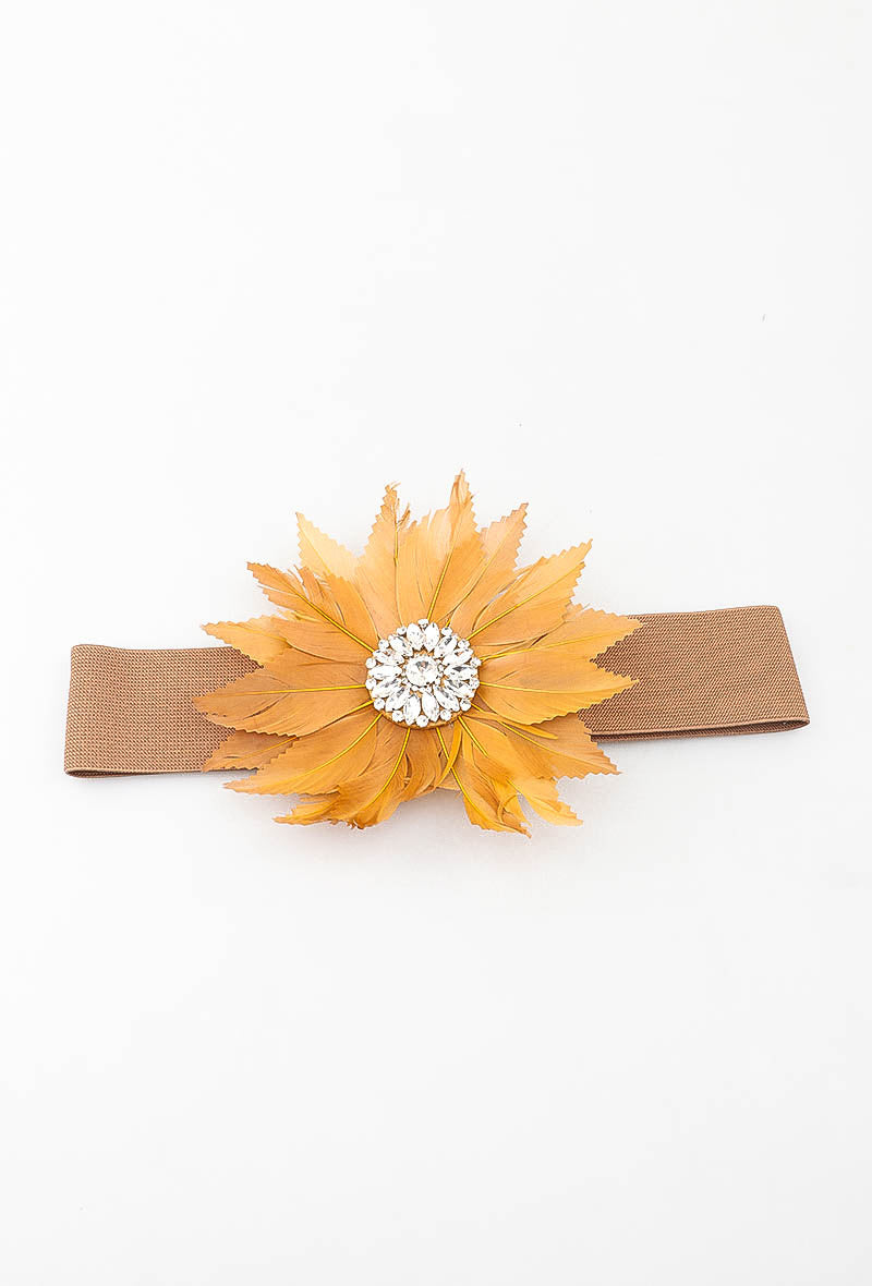 MAFFR Feather Flower Rhinestone Elastic Belt - Taupe