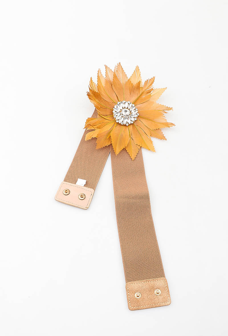MAFFR Feather Flower Rhinestone Elastic Belt - Taupe