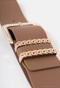 MACDRB Chain Detail Rhinestone Buckle Elastic Belt - Taupe