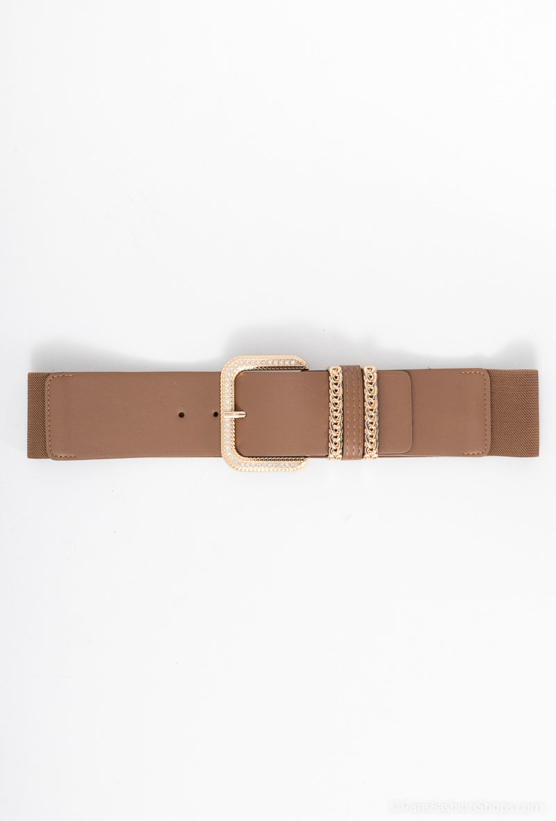 MACDRB Chain Detail Rhinestone Buckle Elastic Belt - Taupe