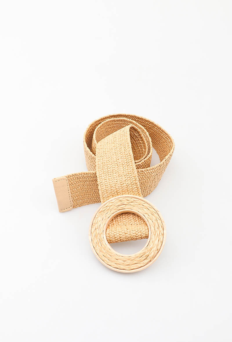 MAWRRB Woven Raffia Round Buckle Belt - Taupe