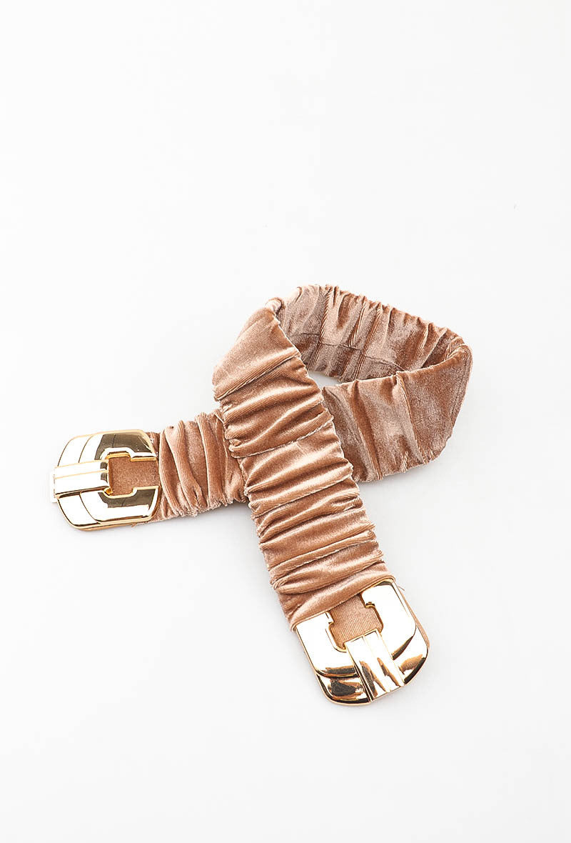 MAVGGC Velvet Geometric Gold Clasp Elastic Belt - Taupe