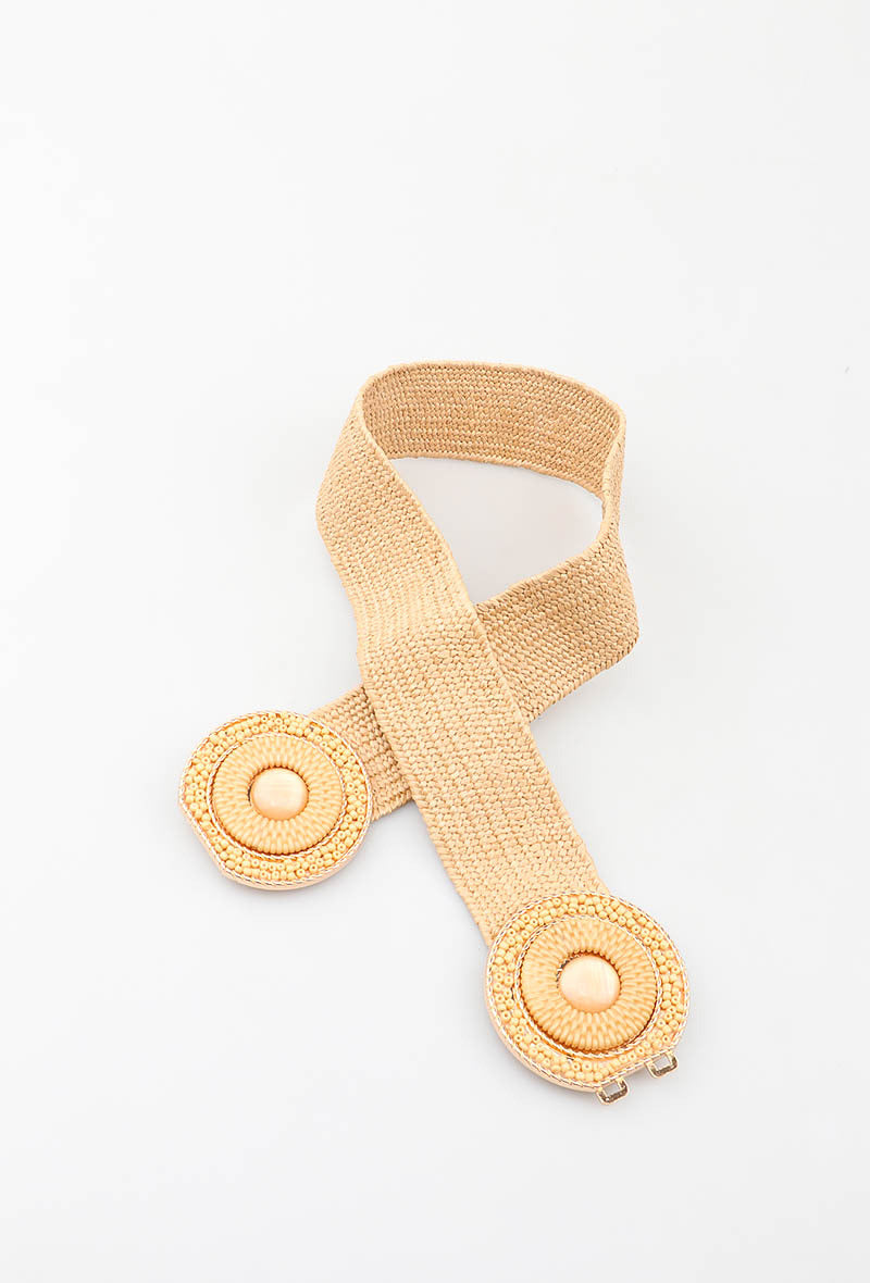 MAHBRC Herringbone Beaded Round Clasp Belt - Taupe