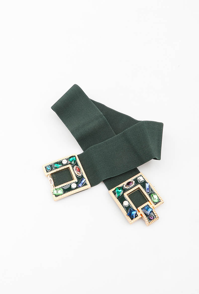 MAJDB Jeweled Double Buckle Elastic Belt - Green