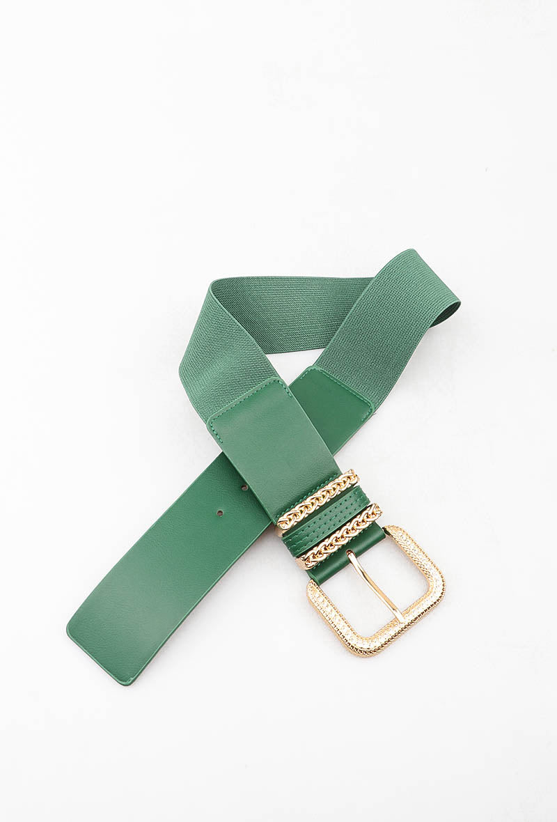MAGCSB Gold Chain Square Buckle Elastic Belt - Green