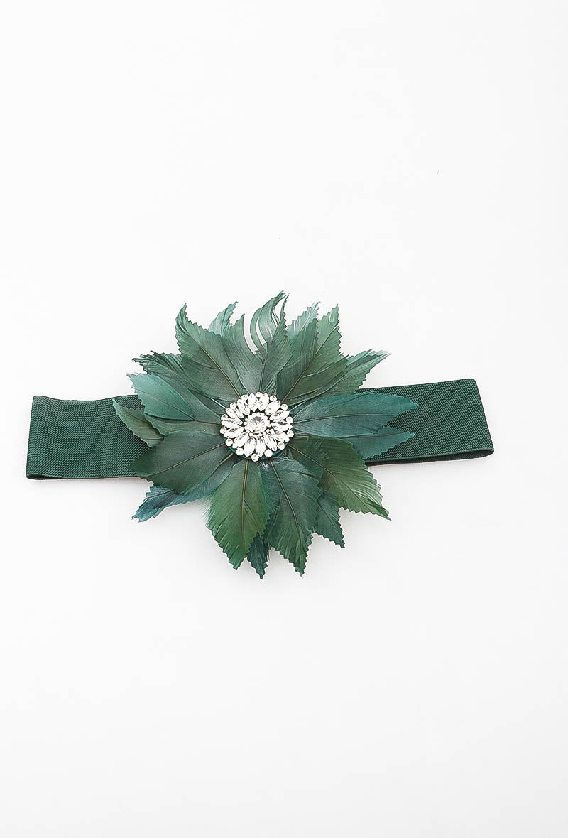 MAFFR Feather Flower Rhinestone Elastic Belt - Green