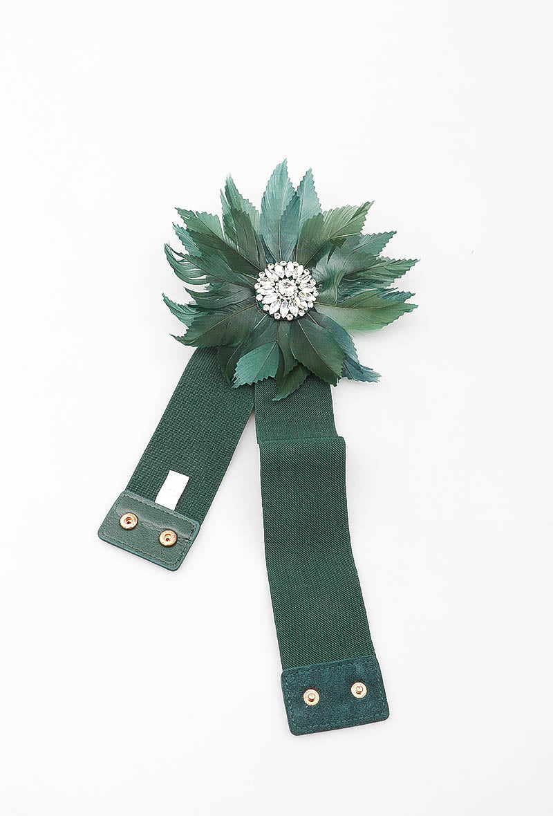 MAFFR Feather Flower Rhinestone Elastic Belt - Green
