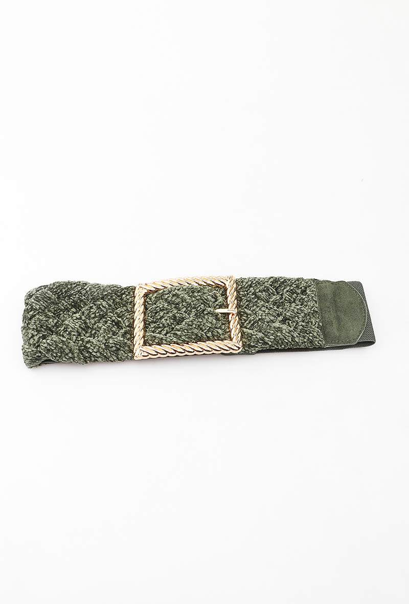 MABCGB Braided Chenille Gold Buckle Elastic Belt - Green