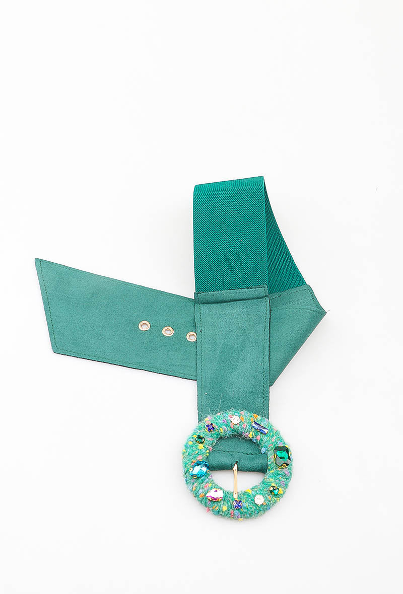 MATJRB Tweed Jeweled Round Buckle Elastic Belt - Green