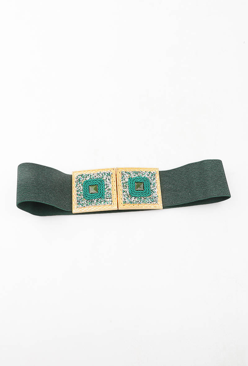 MABDSC Beaded Double Square Clasp Elastic Belt - Green
