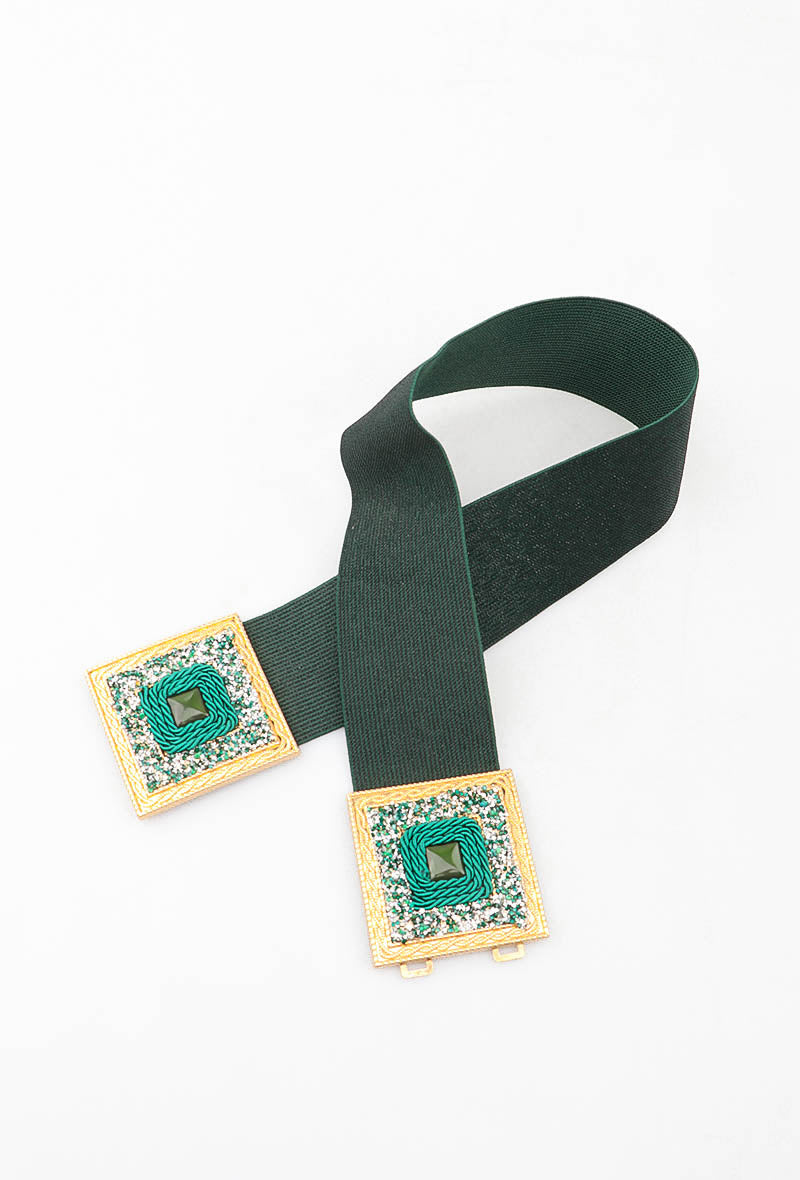 MAGDSC Glitter Double Square Clasp Elastic Belt - Green