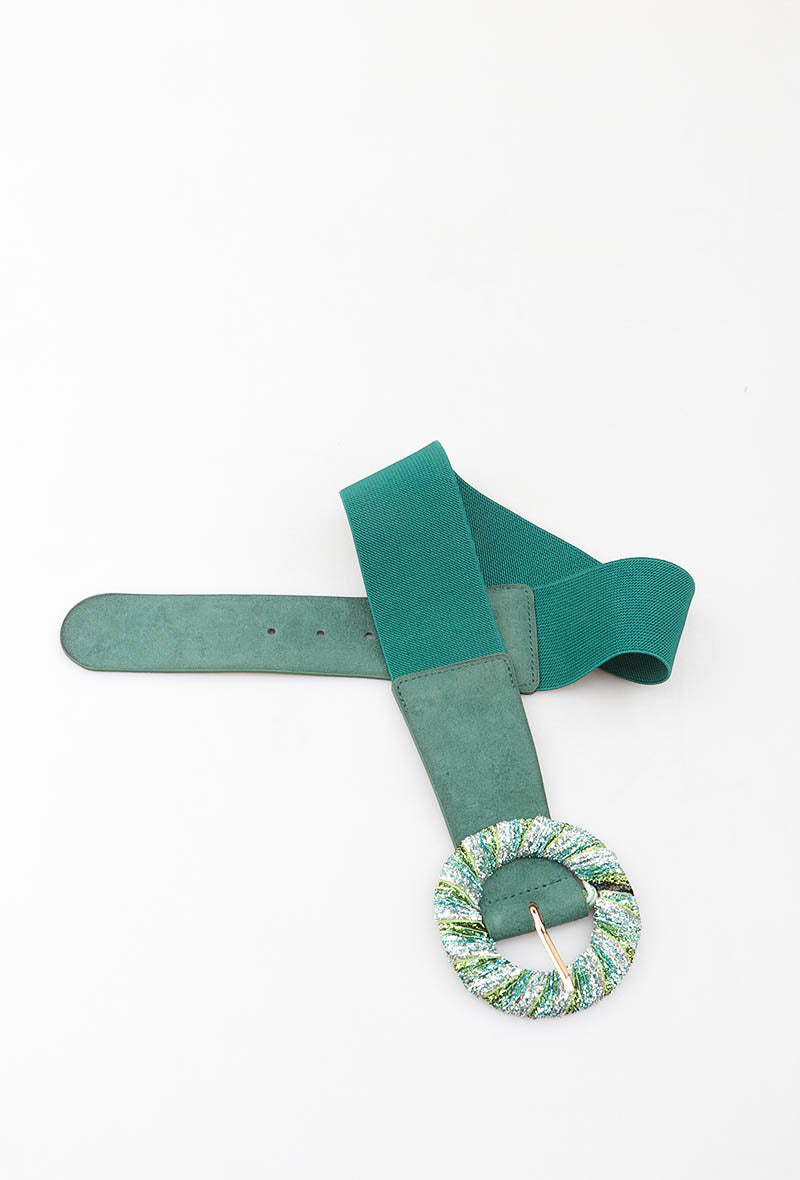 MAGRBS Glitter Round Buckle Suede Elastic Belt - Green