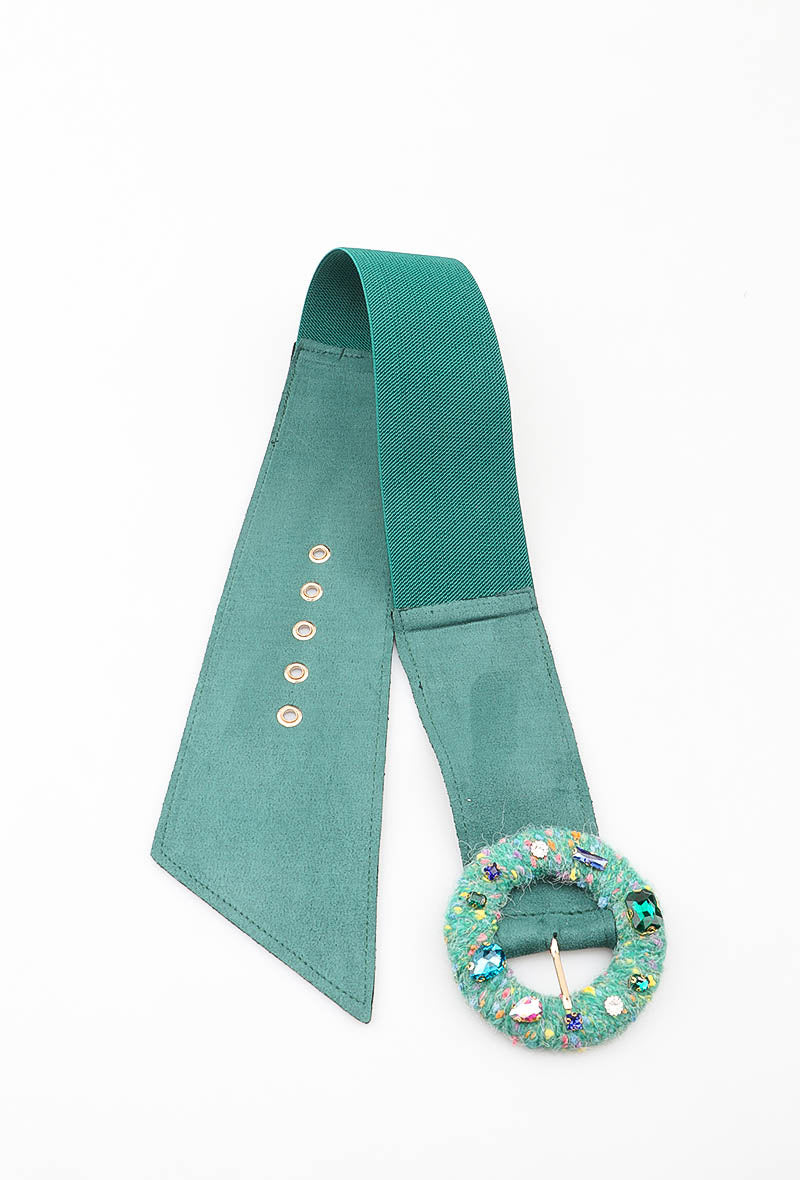 MATJRBW Tweed Jeweled Round Buckle Wide Belt - Green
