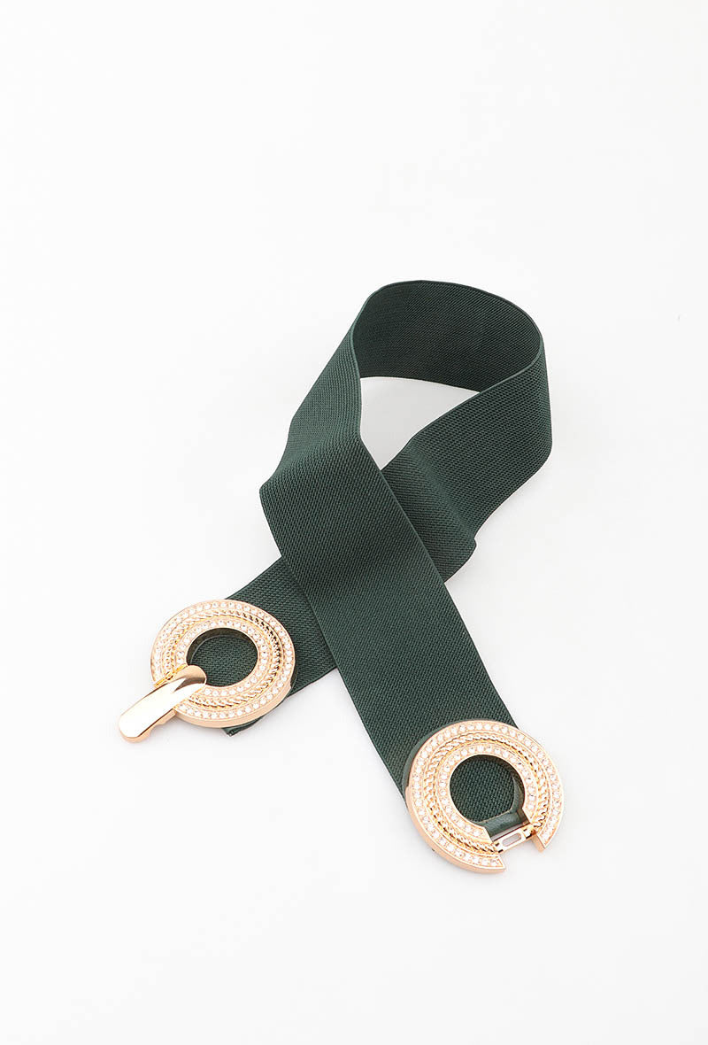 MARDRC Rhinestone Double-Ring Clasp Elastic Belt - Green