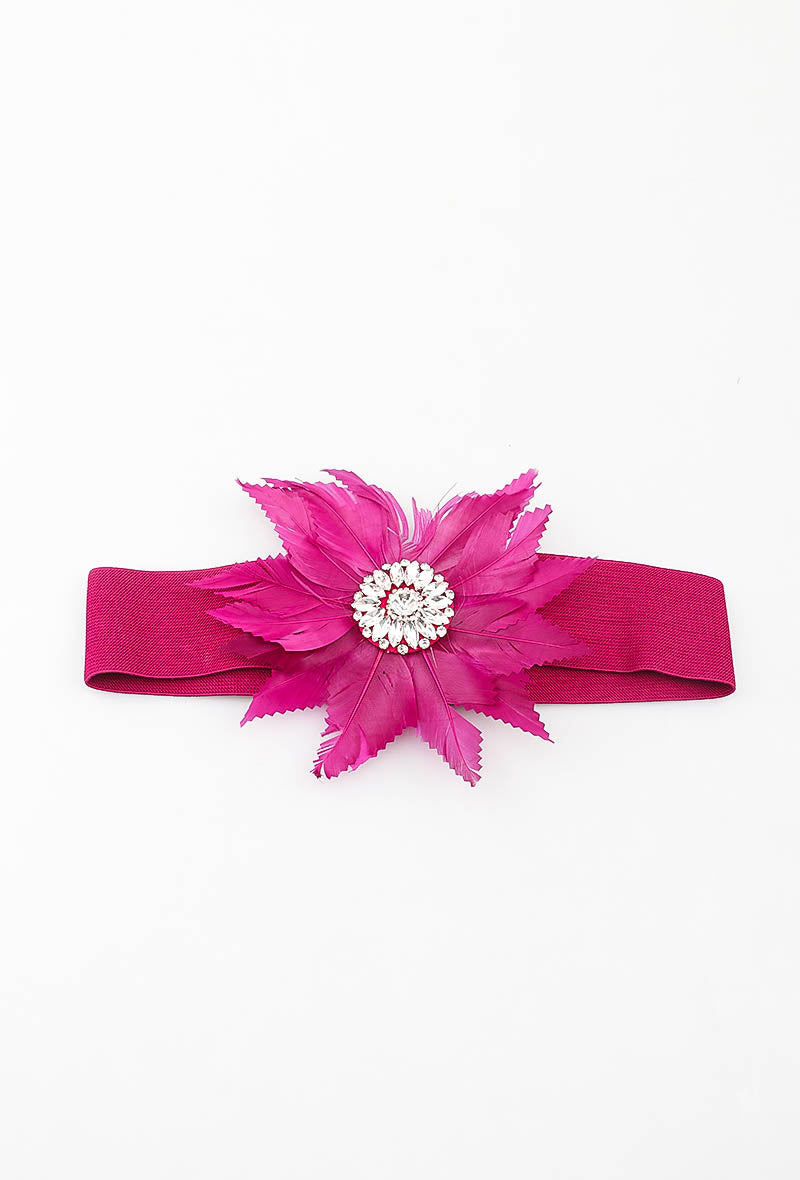 MAFFR Feather Flower Rhinestone Elastic Belt - Purple