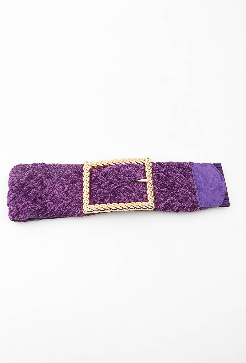 MABCGB Braided Chenille Gold Buckle Elastic Belt - Purple