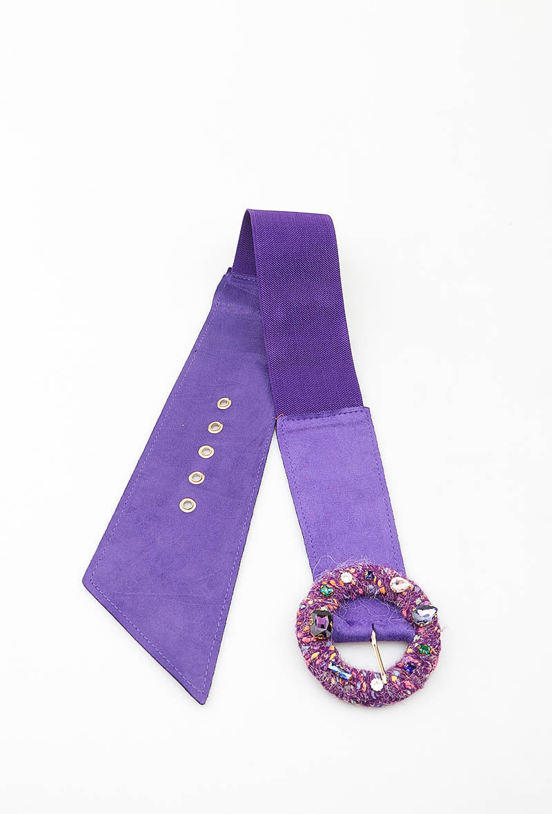 MATJRB Tweed Jeweled Round Buckle Elastic Belt - Purple