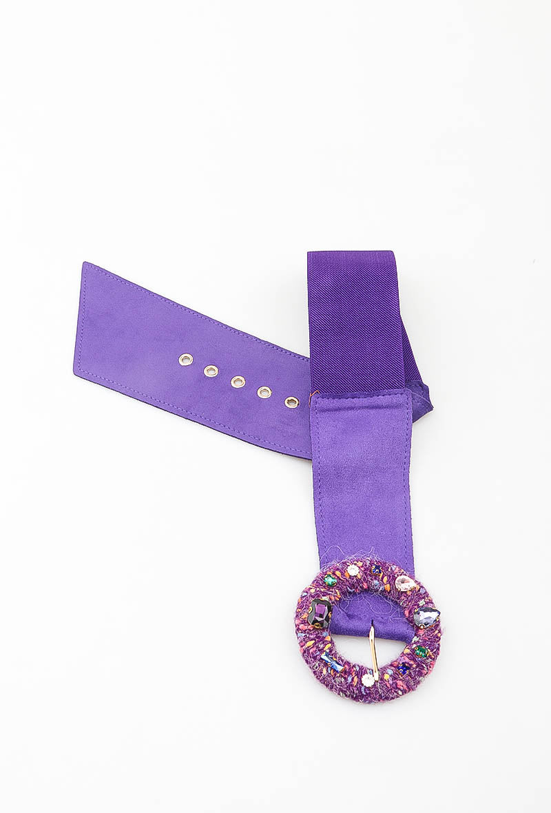MATJRBW Tweed Jeweled Round Buckle Wide Belt - Purple