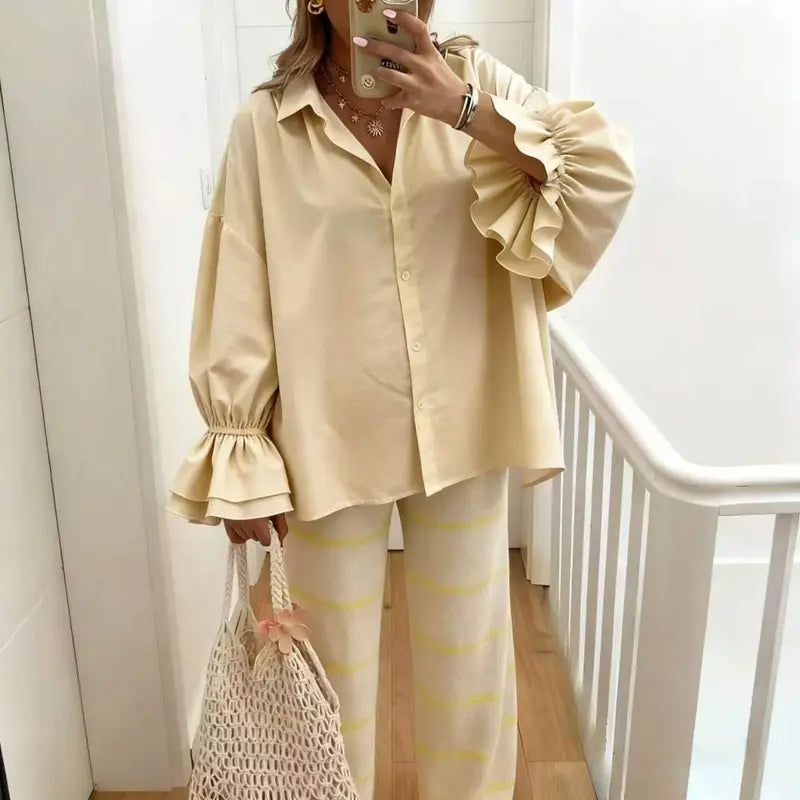 ESTCRS3 Beige Ruffle Sleeve Blouse