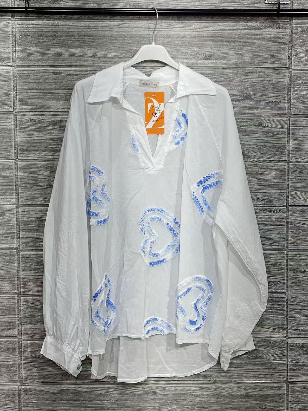 ZOHES1SB Heart Embroidered Cotton Shirt Sky Blue