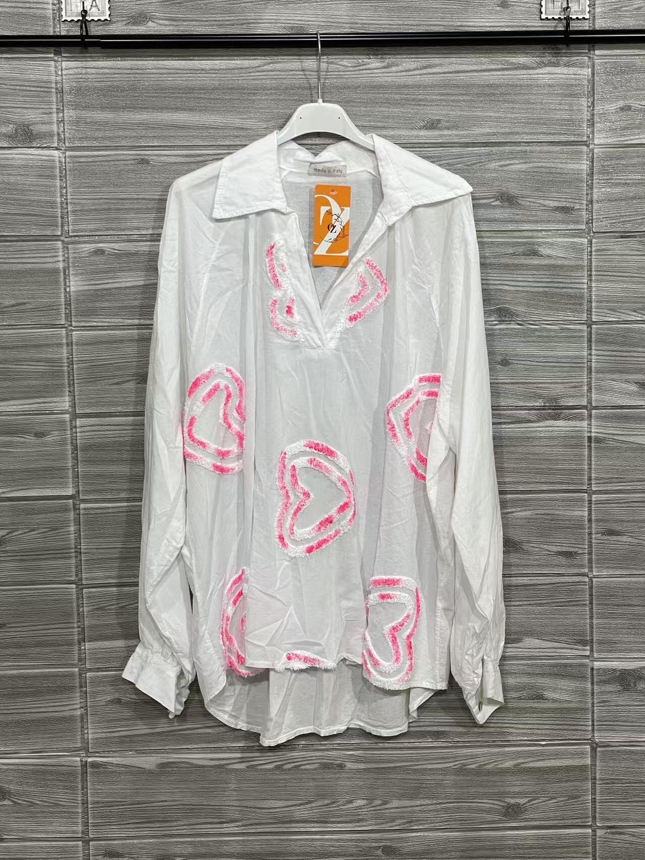 ZOHES1BL Heart Embroidered Cotton Shirt Blush