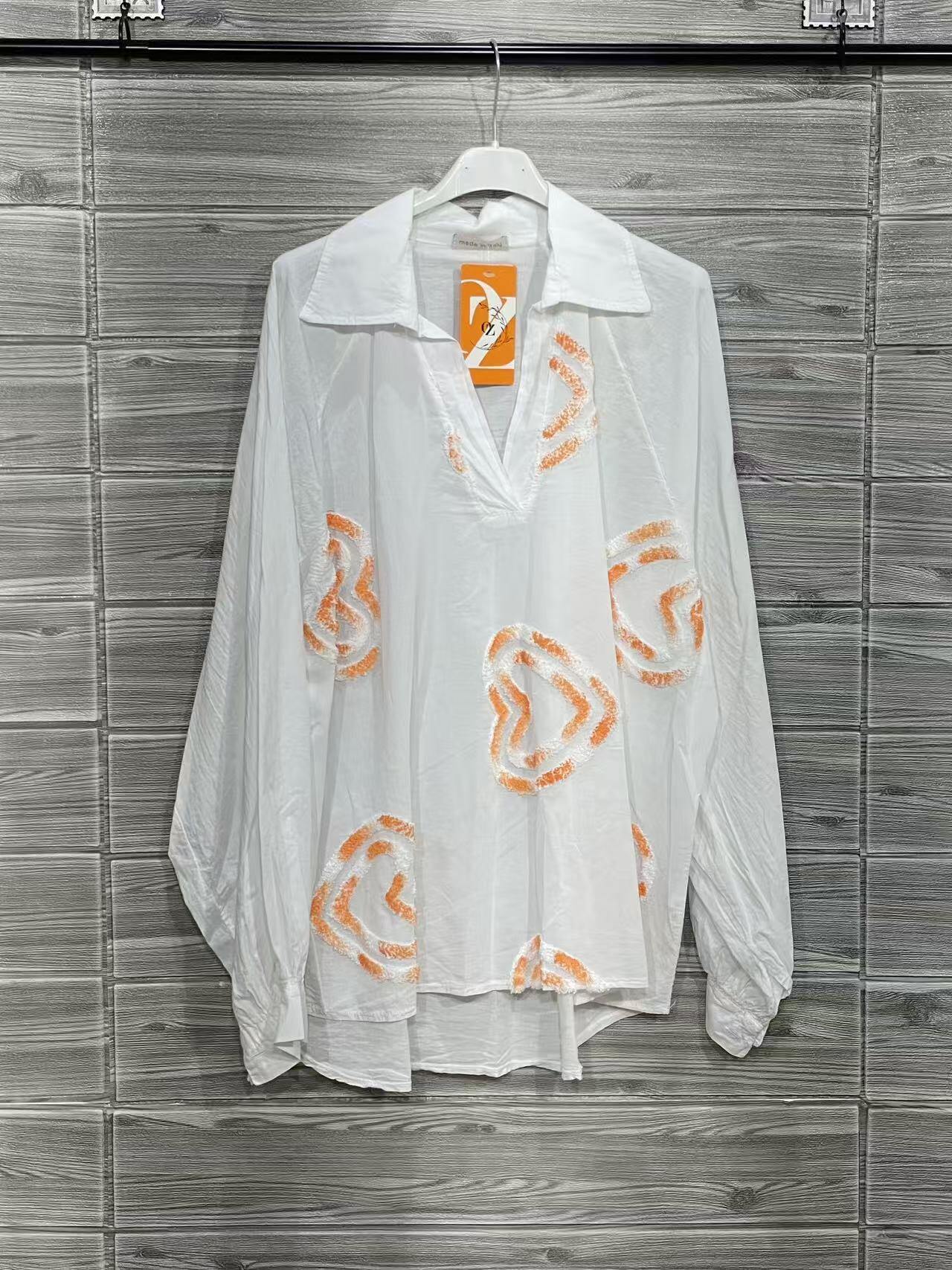 ZOHES1OR Heart Embroidered Cotton Shirt Orange